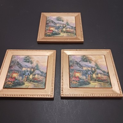 Ambiance Thomas Kinkade Ceramic Cork Backed Coaster Set 3pc 4'' Square Cottage