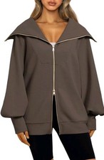 Women Full Zip Hoodie Long Sleeve Turn-down Collar Zip-up Sweatshirt Top Fall