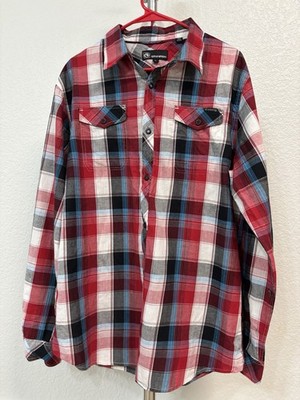 OCEAN CURRENT Men's Red Blue Plaid Cotton Long Sleeve Button-Up Shirt L