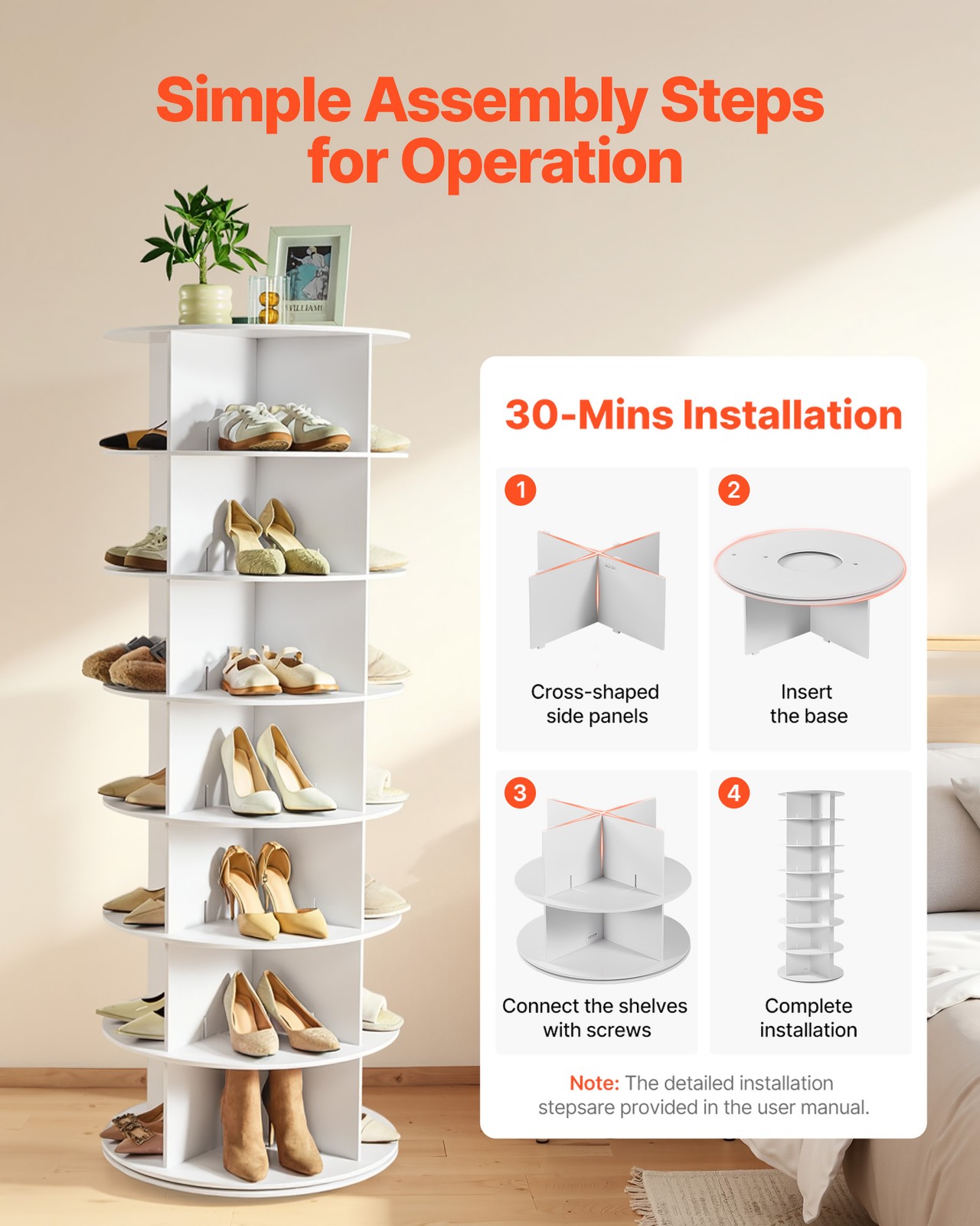 VEVOR 7 Tiers Rotating Shoe Rack Tower 360° Spinning Shoe Rack Display White