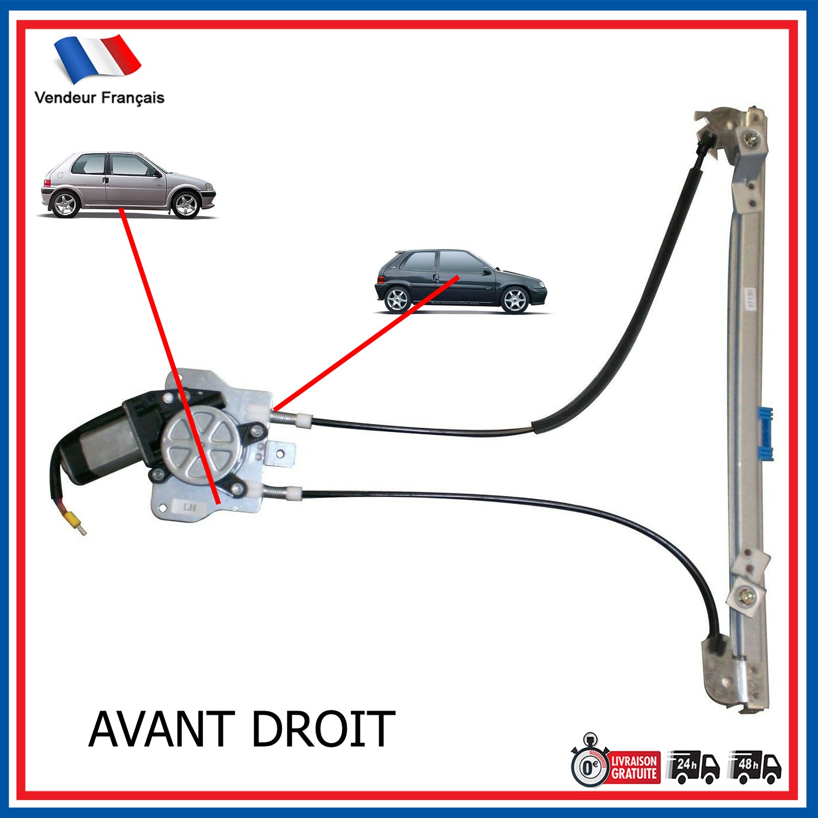 Lève-vitre avec moteur avant droit pour Peugeot 106 3 portes mécanisme acier