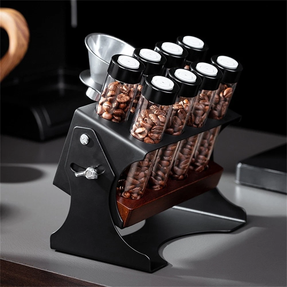 Coffee Storage Rack with 8 Airtight Glass Tubes and Handy Insert