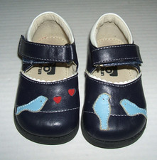 See Kai Run Mary Jane Leather Shoes Baby Toddler 5 Navy Blue Bird Heart EUC