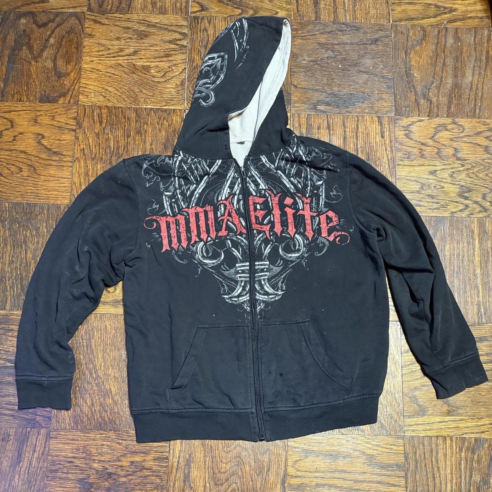 Vintage BLACK MMA Elite Thermal Lined Zip Up Hoodie Measures M/L GRUNGE Y2K