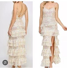 Prom Iridescent Sequined Spaghetti Strap Long Side Slit Ruffle Layered Dress 17