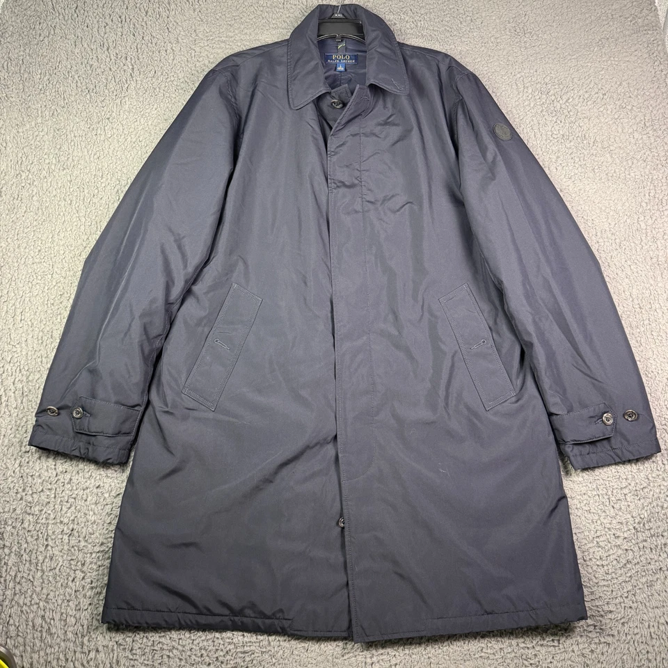 Polo Ralph Lauren Trench Coat Mens L Navy Blue Long Overcoat Full Zip Insulated - Image 2 of 4