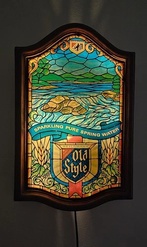 Vintage Heileman's OLD STYLE BEER Stained Glass Lighted Bar Sign Spring Water
