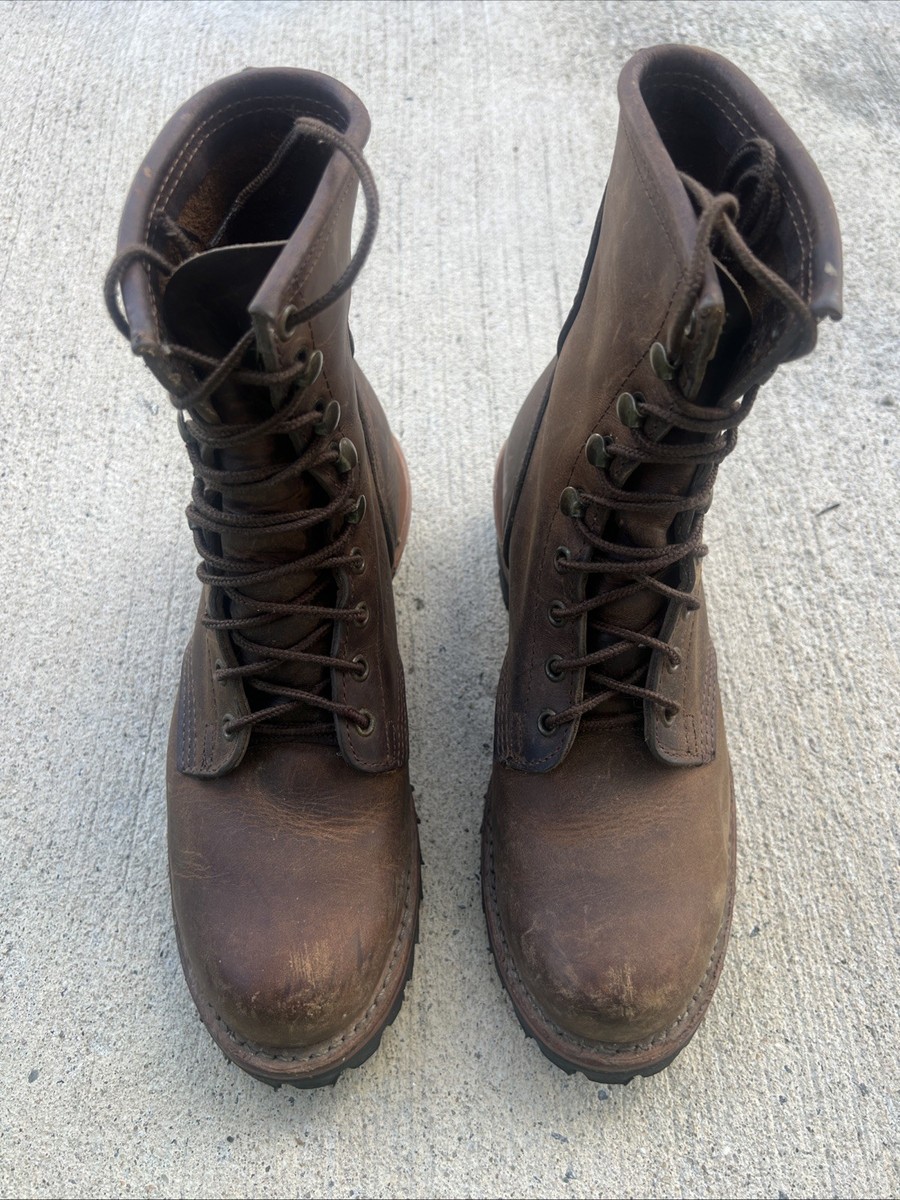 Vtg Frye dark brown logger chunky lug moc toe lace up leather boots Vibram soles VTG Men Frye Logger Boot Size 9 M Brown Leather Lace Up  main image 4