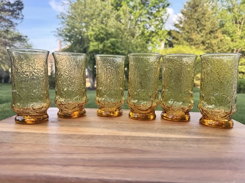 Vintage ANCHOR HOCKING  12 Oz Amber Rainflower glass tumbler  5.5" ~set of 6