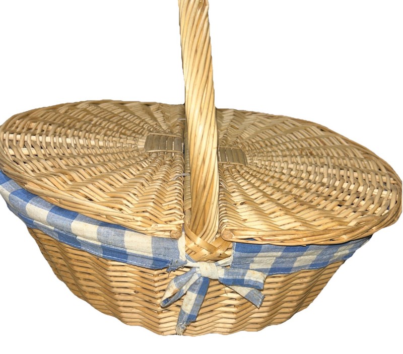 Vntg Picnic Wicker Basket Dual Hinged Lid Handle Cloth Liner 16.5x13x7 In Oblong