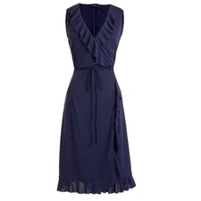 J Crew Sleeveless Ruffle Wrap Dress Women’s XS Navy Blue Party Cocktail Preppy