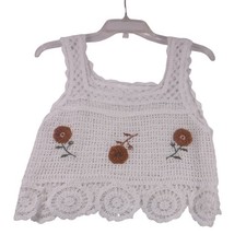 Vintage Women's White Crochet Floral Applique Tank Top Scalloped Hem Boho Small