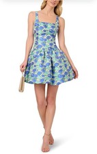 Adrianna Papell Sleeveless Tulip Jacquard Short Dress Blue Green Size 16