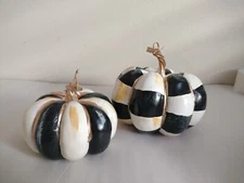2 Pumpkins 4 & 7" Black & White Checks Stripes Thanksgiving Fall Hand Painted 