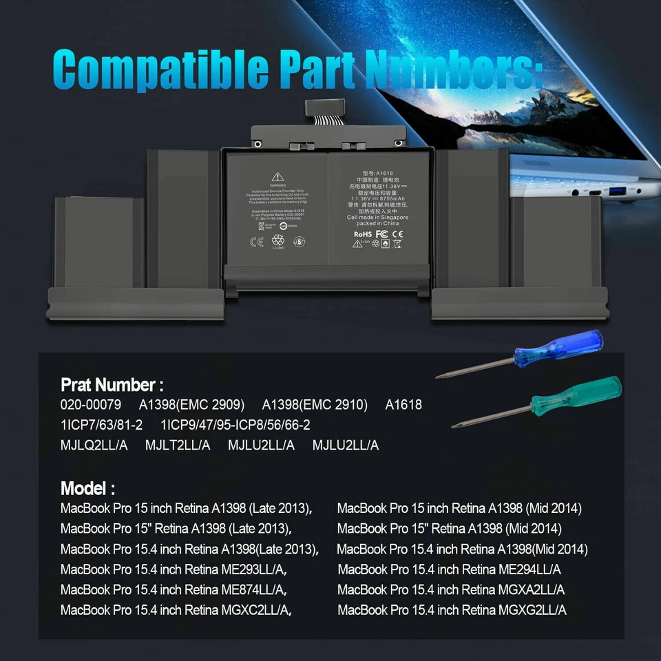 Batería A1618 para MacBook Pro 15"" Retina A1398 finales de 2013 mediados de 2014 2015 99,5 Wh EE. UU. Foto 3 de 4