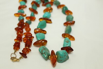 Vintage Graduated Genuine Turquoise and Amber Chip 29'' Necklace