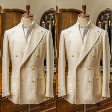 Linen Cotton Men's Suits Wide Peak Lapel Double Breasted Formal Party Men Tuxedo