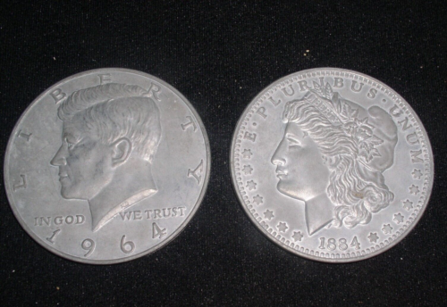 US  Liberty 1964 Half-Dollar & 1884 Dollar  1970s Fantasy Token Coins~3" Diam, - Picture 1 of 4