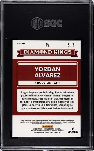 Panini Donruss Optic #11 2022 Yordan Álvarez DK SGC 9,5 rojo hielo agrietado Prizm/7 - Imagen 2 de 2