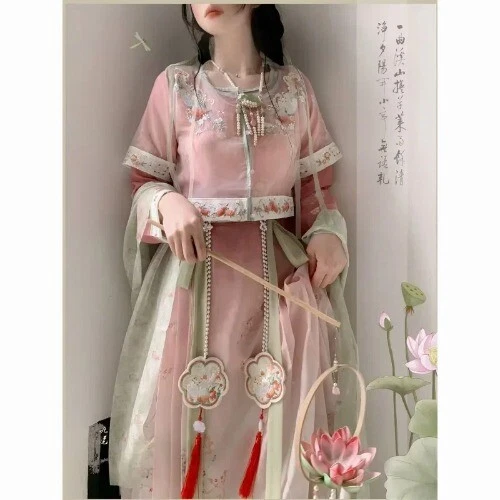 VETEMENTS Abito cinese Hanfu ricamo rosa quotidiano stile carino pezzo unico vestiti abiti