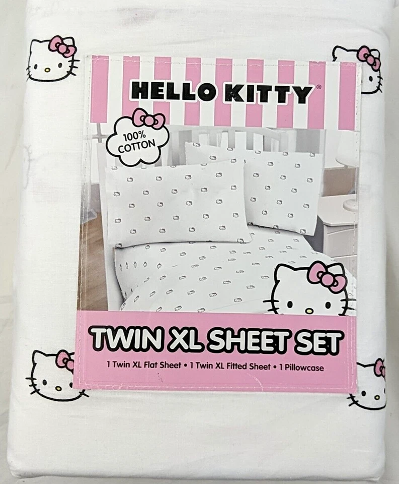 Juego de sábanas dobles Hello Kitty XL 3 piezas lazos rosas 100 % algodón de Sanrio Dorm Foto 2 de 4