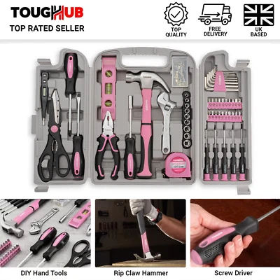ToughHub 56 Pcs Pink Tool Kit For Repair Tool Set With Hammer Screwdriver Plier