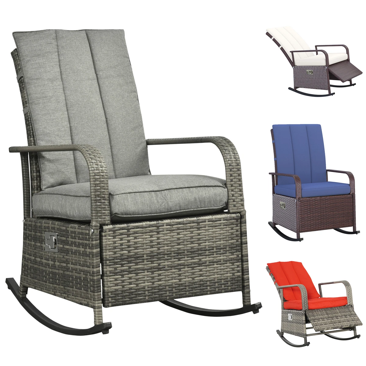 Outsunny Outdoor Wicker Rattan Recliner Rocking Cushioned Chair with Footrest & 135 Degrees of Comfort - Cream White