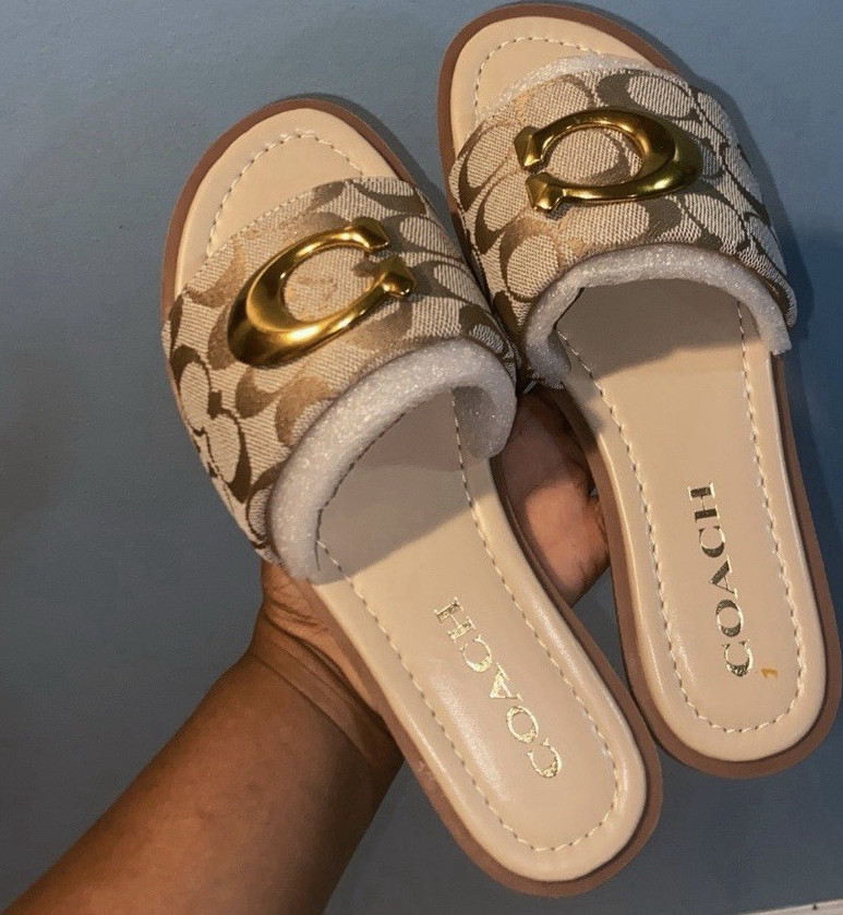 Coach Louis Vuitton Valentino Women's Leather Slide Sandals Logo Print Gold 7.5