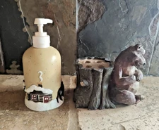 Rustic Lodge Bath accessories Bear toothbrush holder and soap dispenser