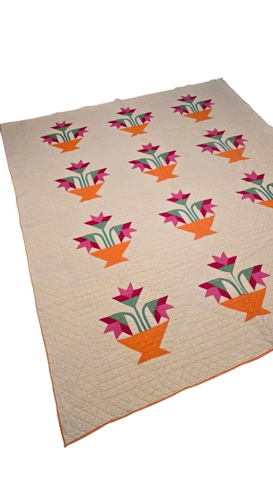 North Carolina Lily Flower Basket Quilt Blanket Hand Sewn Vintage 85x72 - Image 2 of 4