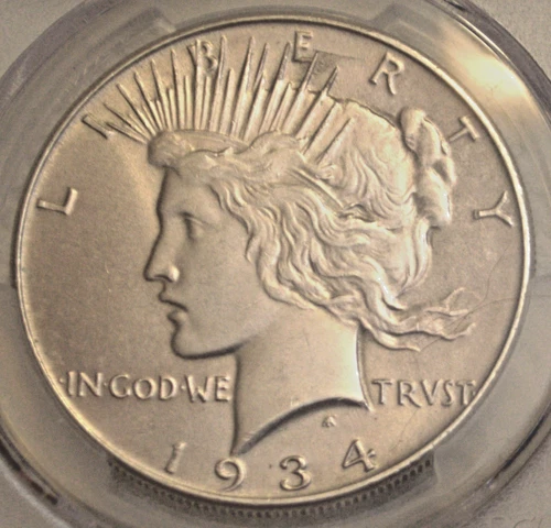 1934 Peace Dollar Coin, PCGS Genuine UNC Detail Nice Condition