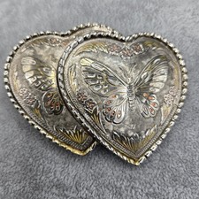 Vtg Double Heart Floral Western Belt Buckle Silver Gold Copper Ornate Metal USA