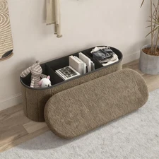 Oval Storage Ottoman Bench, Sherpa Foot Rest, 43 Inch Folding Ottoman for Liv...