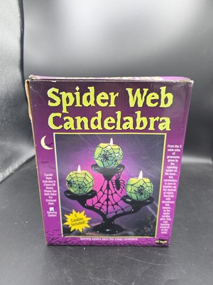 VTG Fun World Halloween Creepy Spider Web Candelabra Candle Holder Pumpkin