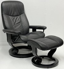 Ekornes Stressless Black Leather Medium CONSUL Swivel Recliner Chair  Ottoman