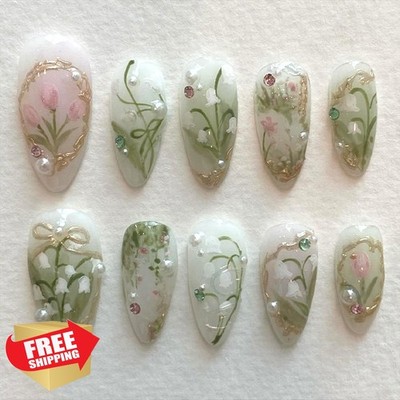 WBRRFJJ 24pc Almond Green Press on Nails Flowers