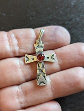 Sterling silver cross charm hand stamped with a red garnet - handmade