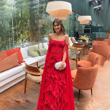 Wedding Party Dress Red Strapless Pleat A Line Evening Gowns Floor Length Gowns