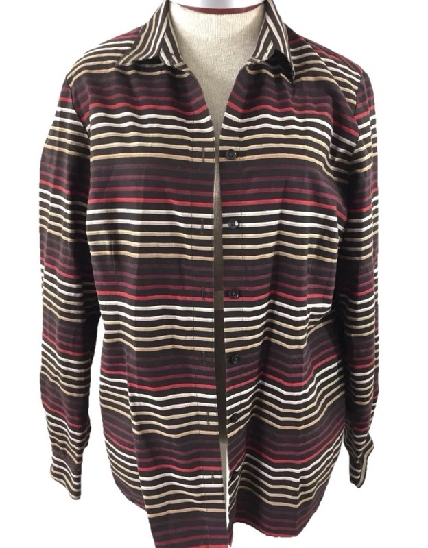Coldwater Creek Blouse Top Size L Long Sleeve Button Up 100%Cotton Brown Stripe