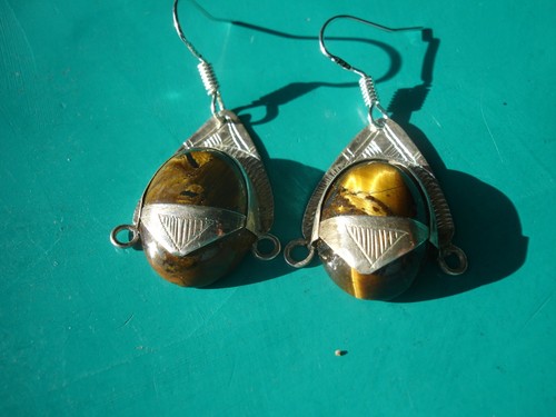 SILVER Niger Tuareg TIGERS EYE oval earrings + silver hooks L22 mm - Picture 1 of 7
