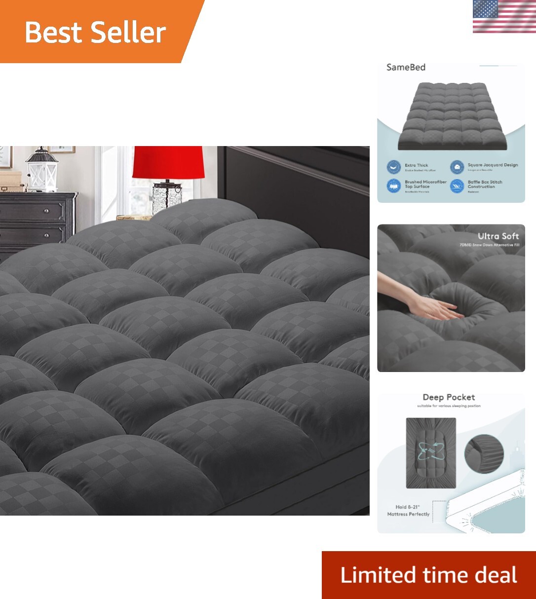 King Size Cooling Mattress Topper for Back Pain Relief Extra Thick Pad