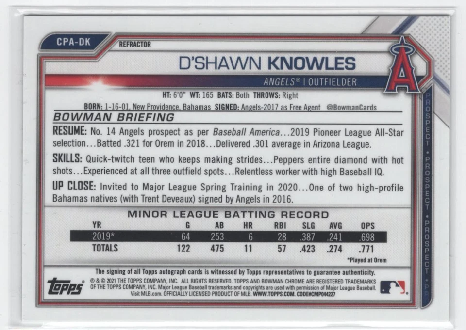 2021 Bowman Chrome Prospect Autographs refractors D'Shawn Knowles Auto /499 Los - Image 2 of 2