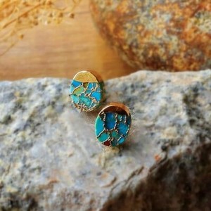 Authentic Turquoise Gold Plated Blue Gemstone Healing Reiki Dainty Stud Earrings
