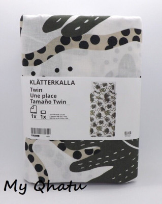Ikea KLATTERKALLA Twin Duvet Cover w/ Pillowcase Bed Set White/Green NEW