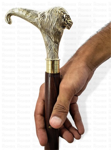 Solid Brass Lion Head Handle Wooden walking cane 3- Fold Stick Handmade gift new - Picture 4 of 5