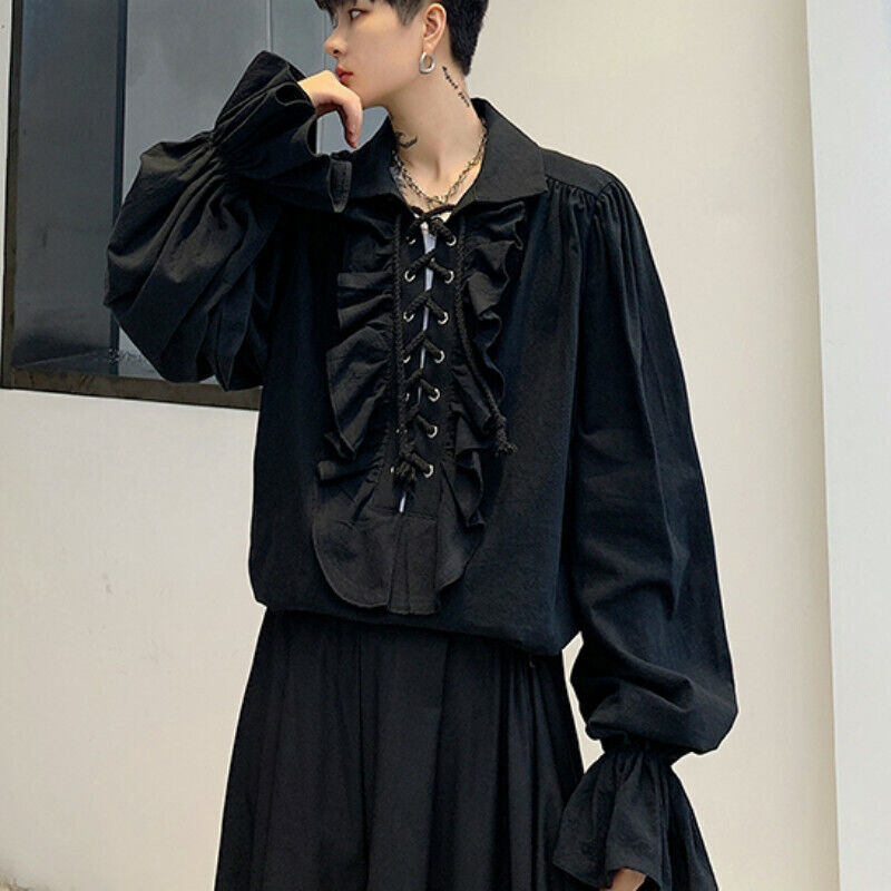 Mens Ruffle Shirt Blouse Tops Lace Up Gothic Flare Sleeve Victorian Casual  Retro