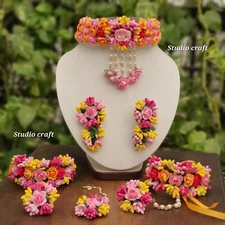 Women fashion flower  earrings tika bracelets necklace haldi mehandi babyshower