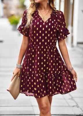 Vestito Abito Donna Corto Bohemian Rosso Oro Raso Morbido Boho