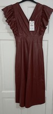 ZARA MAROON FAUX LEATHER MIDI DRESS WITH PERFORATED FRILL SHOULDER POCKETS SMALL