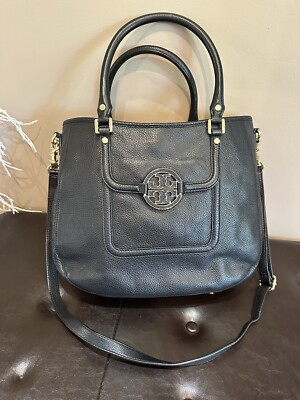 TORY BURCH AMANDA BLACK PEBBLED LEATHER CROSSBODY HOBO TOTE BAG